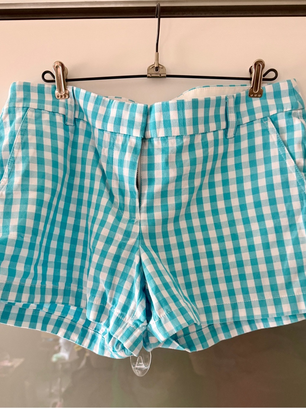 J. Crew Turquoise and White Gingham High-Waist Shorts